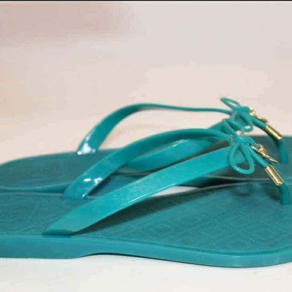 Tory Burch Designer Womens Teal Blue Jelly Bow Thongs Flip Flops Sandals Size 7 - Picture 5 of 10